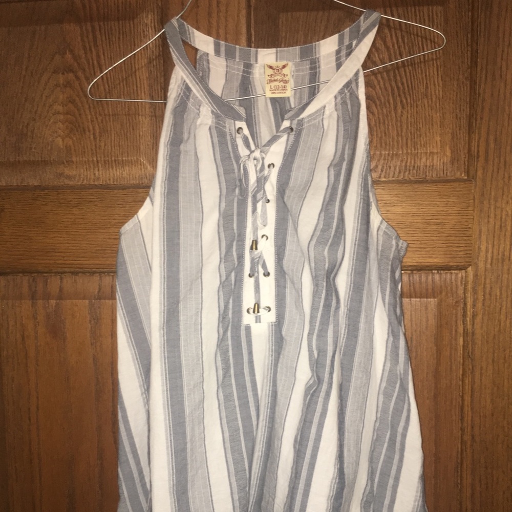 Stripe Lace-Up Front Tank Top Denim & White Color